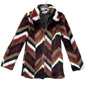 Charlotte Russe Geometric Stipes Faux Fur Jacket Mauve/Brown Mix-Lin XS Eclectic